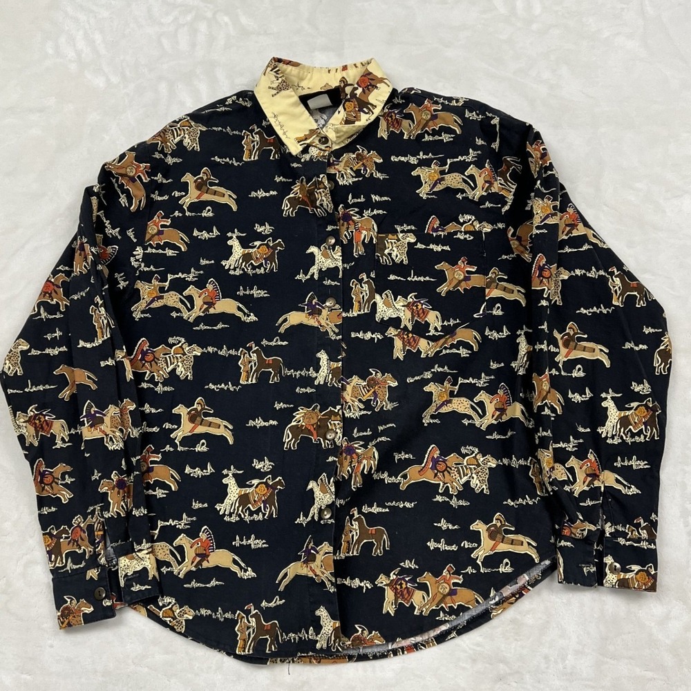Circle T Button Down Shirt Mens Medium Black Western Horse Print 3292 USA Made